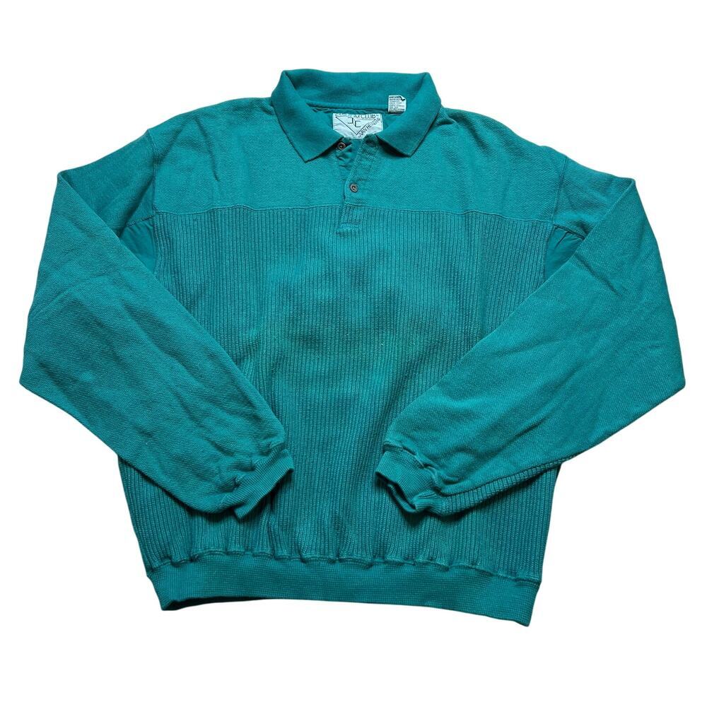 Vintage Van Heusen Custom Club‎ Teal Knit Long Sleeve Polo Shirt Size Large 80s